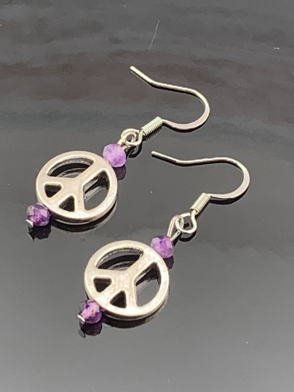 Peace Sign Amethyst Groovy Hippie Handmade Handcrafted Earrings LR182